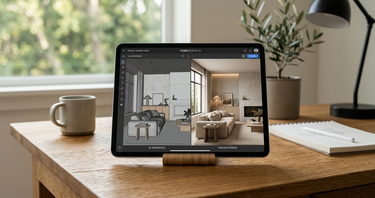 Digital tablet showing AI interior design software with 3D model and photorealistic render