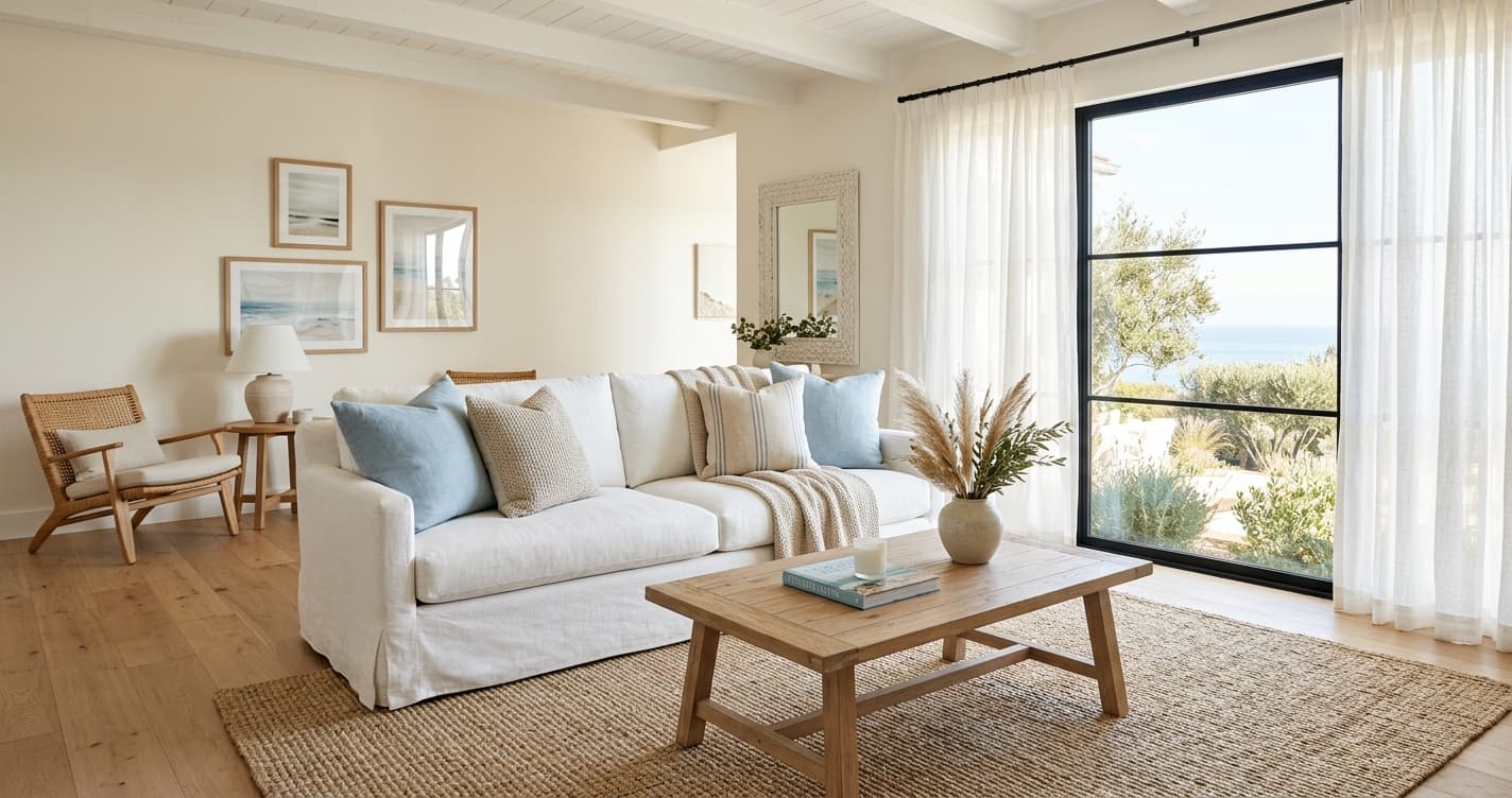 A modern coastal living room with a white sofa and light wood coffee table in bright sunlight.