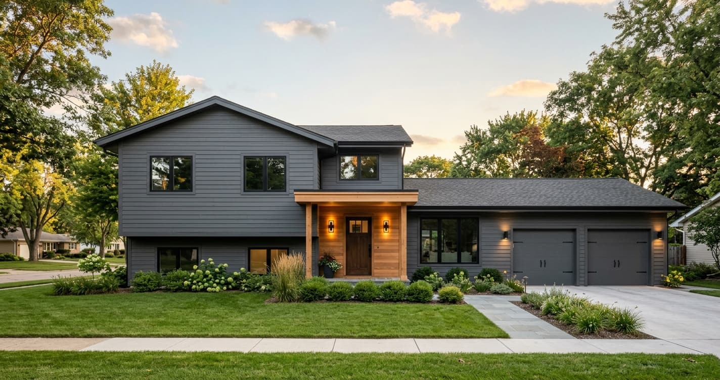 A modern, updated suburban home exterior with grey siding, wood accents, and warm lighting.