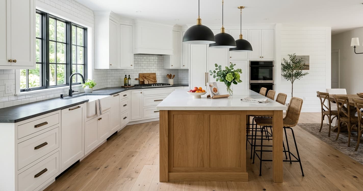 A modern farmhouse kitchen with white cabinets, a warm wood island, and black pendant lights.